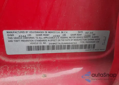 2010 Volkswagen Jetta S из США, поврежденный, VIN 3VWMZ7AJ5AM664233